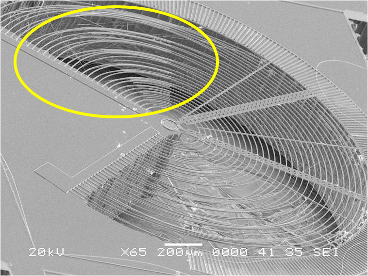 MEMS（微机电系统）悬臂梁的狭小缝隙　由于表面张力而相互粘连