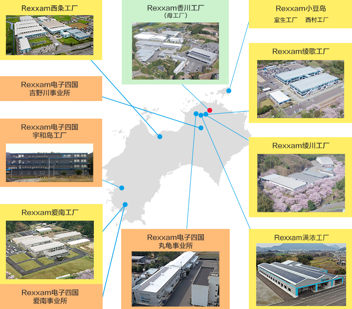 ●Rexxam香川工厂（母工厂）　●Rexxam小豆岛　●Rexxam绫歌工厂　●Rexxam绫川工厂　●Rexxam满浓工厂　●Rexxam电子四国 丸龟事业所　●Rexxam电子四国 爱南事业所　●Rexxam爱南工厂　●Rexxam电子四国 宇和岛工厂　●Rexxam电子四国 吉野川事业所　●Rexxam西条工厂