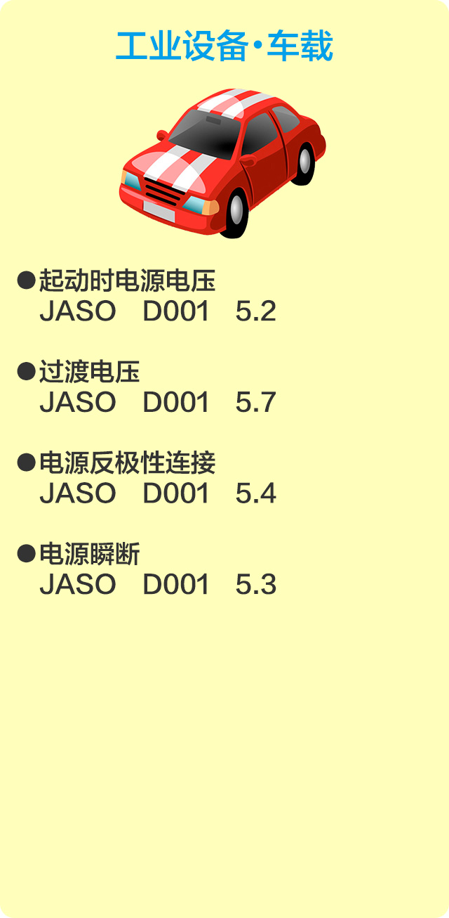 工业设备・车载　●起动时电源电压 JASO D001 5.2　●过渡电压 JASO D001 5.7　●电源反极性连接 JASO D001 5.4　●电源瞬断 JASO D001 5.3