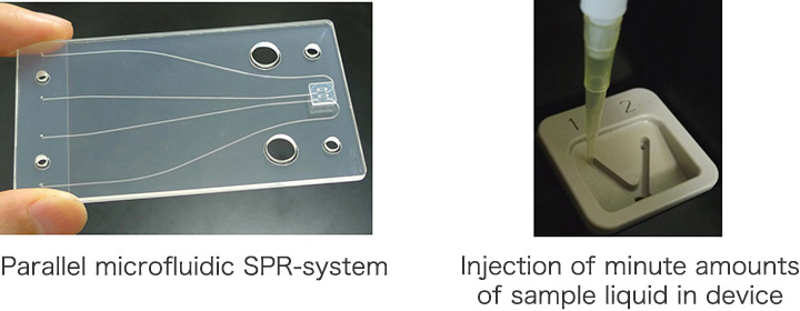 Parallel microflubic SPR-system / Injection of minute amounts of sample liqued in device