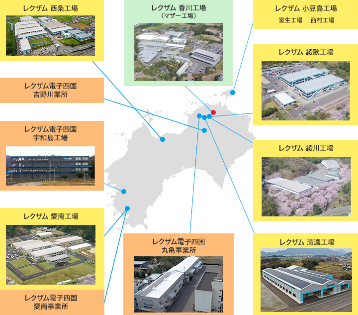 ●レクザム電子四国 丸亀事業所　●レクザム 小豆島工場 室生工場 / 西村工場　●レクザム 香川工場　●レクザム 綾歌工場　●レクザム 綾川工場　●レクザム 愛南工場　●レクザム電子四国 愛南事業所　●レクザム電子四国 宇和島工場　●レクザム 西条工場　●レクザム 満濃工場 ●レクザム電子四国 吉野川業所