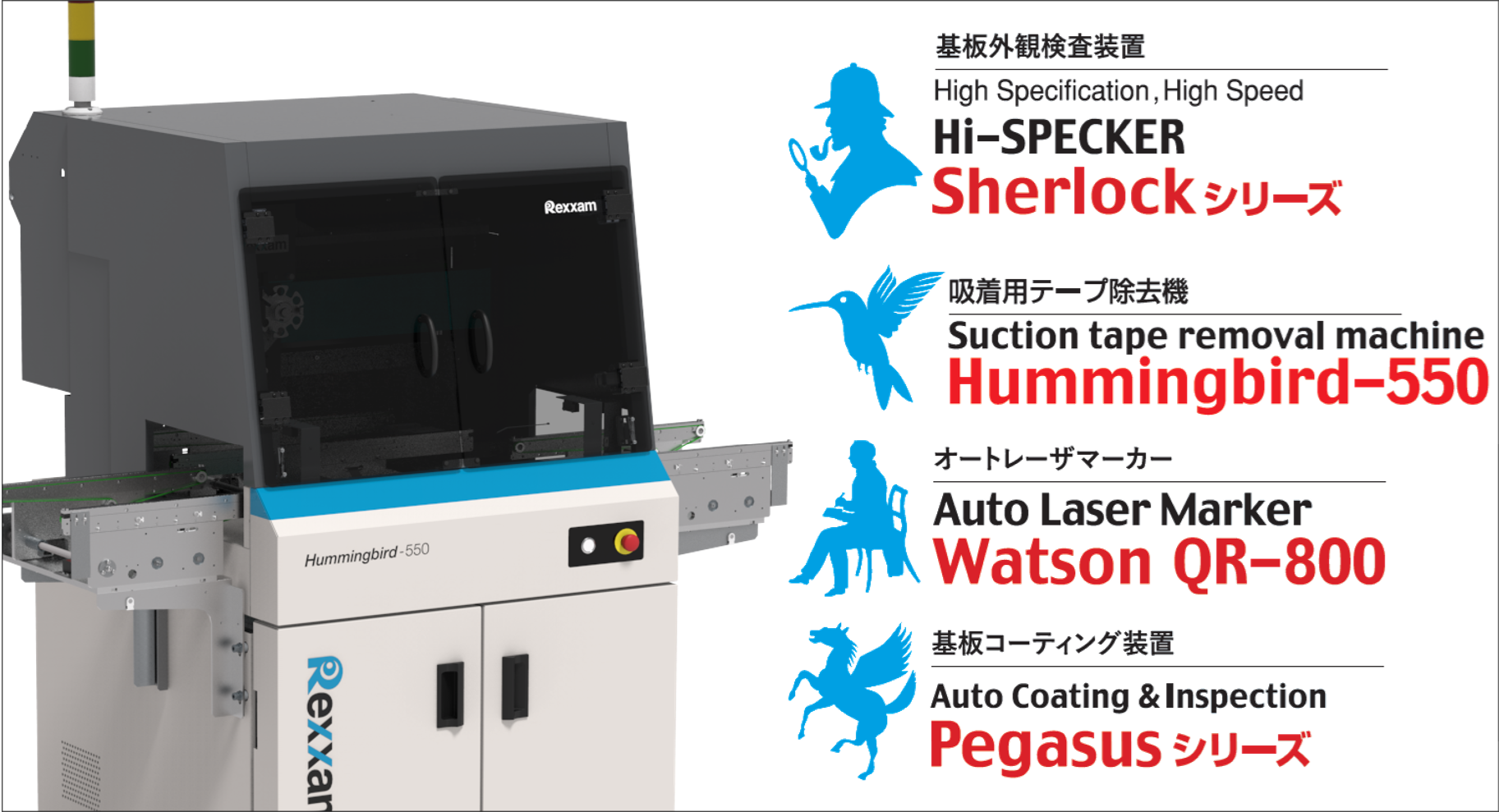 基盤外観検査装置:Hgh Specification , High Speed Hi-SPECKER Sherlockシリーズ/吸着用テープ除去機:Suction tape removal machine Hummingbird-550/オートレーザーマーカー:Auto Laser Marker Watson QR-800/基板コーティング装置:Auto Coating & Inspection Pegasusシリーズ
